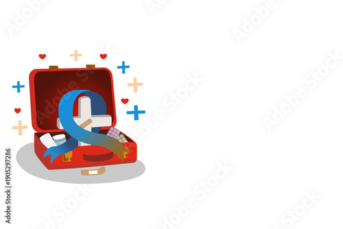 First Aid Kit with Medical Supplies and Copy Space for Healthcare and Emergency Design, Vector Illustration