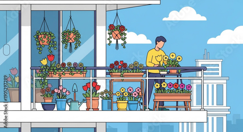 Man tending plants on a balcony with many colorful flowers and a sunny blue sky background