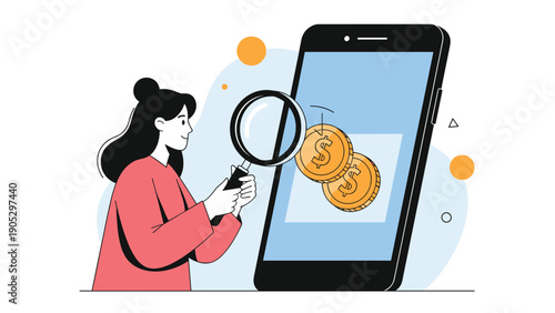 Young woman uses a magnifying glass to examine golden dollar coins displayed on a large black smartphone screen.