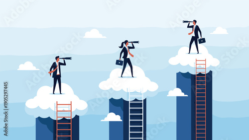 Business people stand on clouds on top of bar charts while using telescopes to look for future market opportunities.