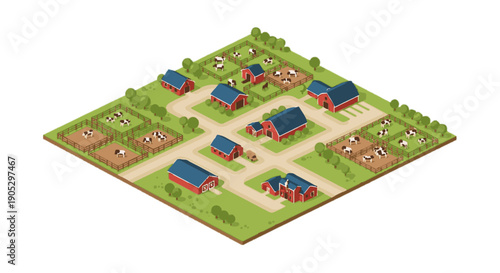 Isometric Farm Scene with Cows and Barns Lush Greenery