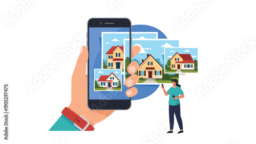 Real estate mobile application concept showing a large hand holding a smartphone with floating images of houses for property search.