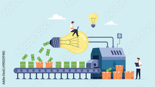 Creative business idea generation and monetization concept showing a factory machine transforming light bulb innovation into cash money.
