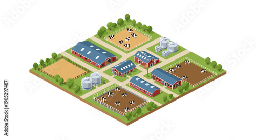 Isometric Farm Scene with Cows and Barns Lush Greenery