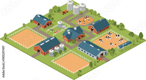 Isometric Farm Scene with Cows and Barns