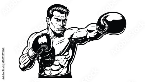 Boxer in mid-punch with gloves and determined expression in black and white Vector