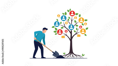 Human resources and networking concept showing a man digging soil to nurture a tree with colorful people icons as fruits.