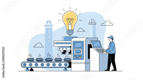 Industrial innovation and smart manufacturing concept showing a factory worker operating a machine under a bright light bulb idea.
