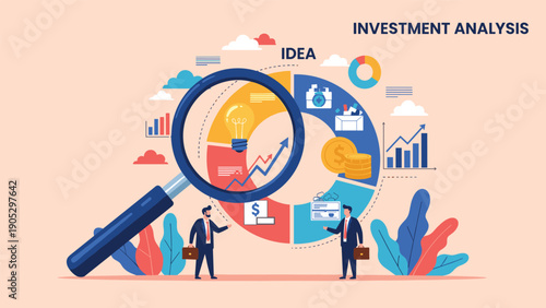 Investment analysis and market research concept with businessmen using a large magnifying glass to study data charts and ideas.