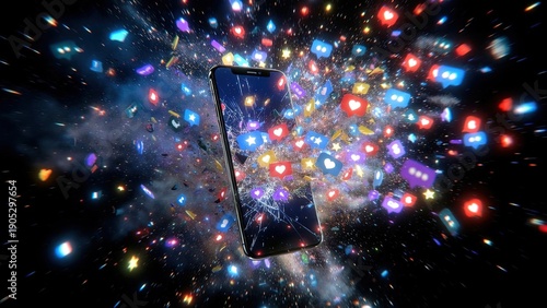 Social media icons exploding from smartphone.