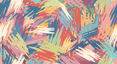 A dynamic and colorful seamless abstract pattern of chaotic, overlapping scribbles and brush strokes in a muted pastel color palette for a modern background.