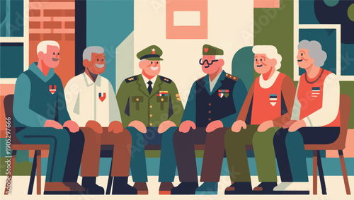 Illustration Of Veterans Sitting With Residents In A Local Community Activity, A Friendly And Inclusive Atmosphere Vector Design Template
