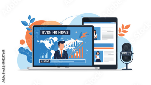 Digital journalism and evening news concept showing a news anchor broadcast on laptop and tablet screens with a microphone.
