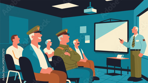 Illustration Of Veterans Sitting In A Small Seminar Room, Paying Attention To A Presentation, The Atmosphere Is Educational And Active Vector Design Template