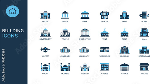 Building and Architecture Icon Collection Public and City Structures Flat Vector Illustration Set