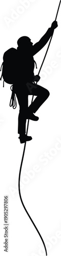 Climber ascends rope with equipment, silhouette against plain background, vector illustration, action shot, adventure, outdoor activity