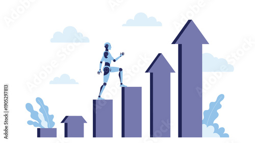 Robotic process automation and technology growth concept showing a humanoid robot climbing up a series of rising arrow steps.