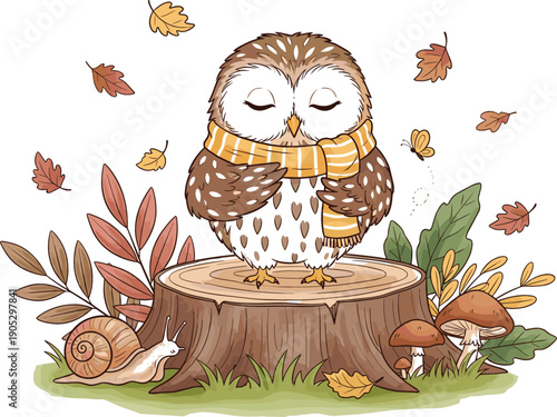 Cute sleeping owl with scarf on tree stump with autumn leaves mushrooms and snail for cozy seasonal illustration