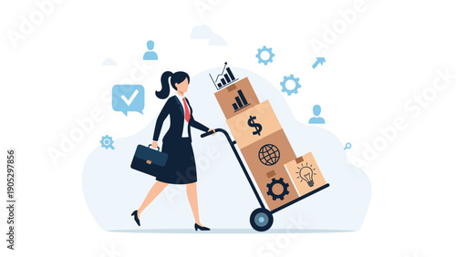 Business logistics and distribution concept with a professional woman pushing a trolley loaded with boxes featuring various industry icons.