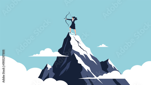 Businesswoman standing at the top of a mountain peak aims a bow and arrow towards the sky to symbolize professional ambition and success.