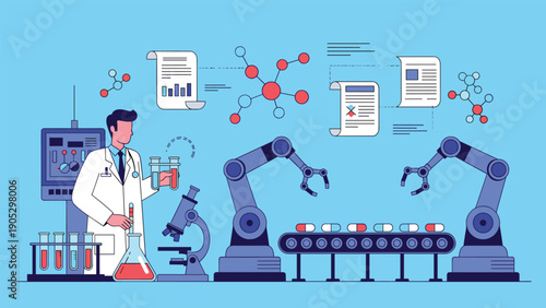 Scientist in a white lab coat manages robotic arms on an automated conveyor belt producing pills in a high-tech laboratory.