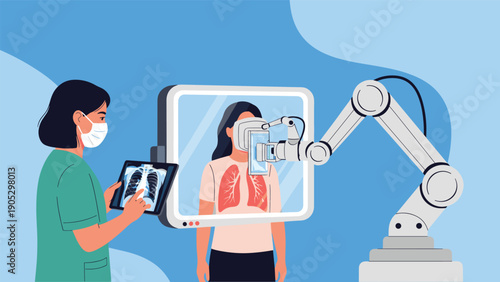 Medical nurse uses a tablet to examine an x-ray while a robotic arm performs a detailed scan on a patient in a high-tech clinic.