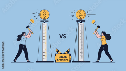 Two women use heavy hammers to strike high-striker strength testers topped with dollar coins to symbolize financial barriers.