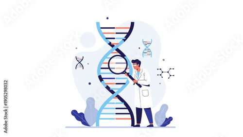 Scientist in a laboratory uses a magnifying glass to examine a dna strand to represent genetic research and biotechnology.