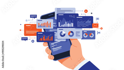 Human hand holds a smartphone displaying various mobile business analytics, data charts, and colorful graph notifications.