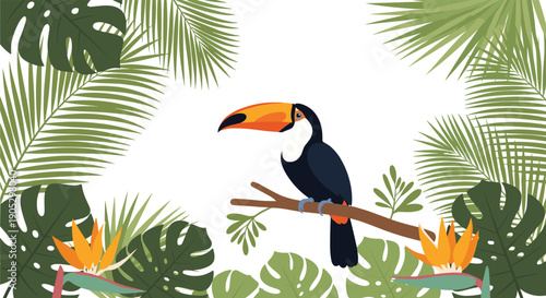 A beautiful toucan bird perched on a branch, framed by lush green tropical monstera and palm leaves with bird of paradise flowers and copy space.