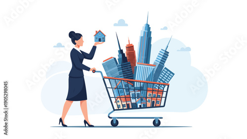Corporate businesswoman pushes a shopping cart filled with office skyscrapers and residential houses to show real estate investment.