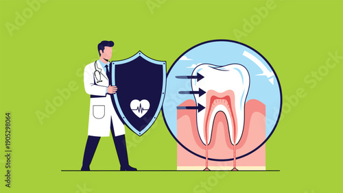 Medical doctor holds a protective shield next to a large tooth illustration showing interior layers to represent dental health.