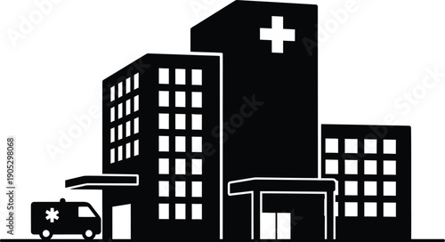 Medical center illustration with hospital building and ambulance at entrance viewed from outside