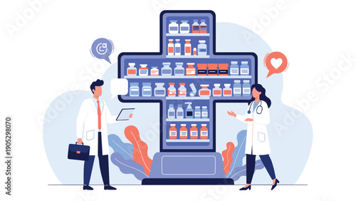 Team of doctors stands in front of a giant medical cross-shaped pharmacy shelf filled with various medicine bottles and supplies.