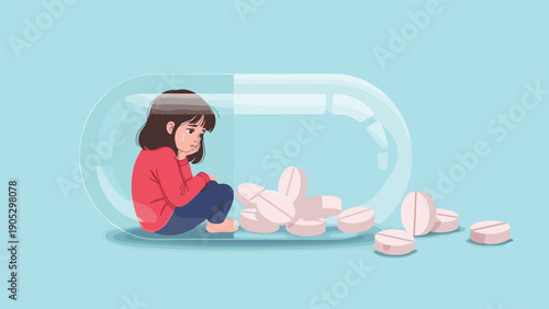 Depressed little girl sits alone inside a large transparent pill capsule with several tablets to represent mental health issues.