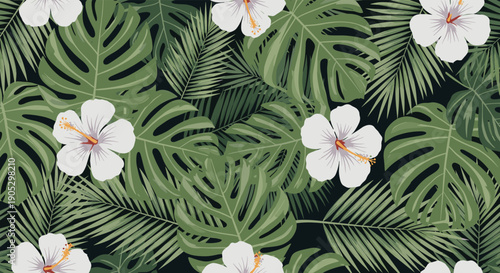 An elegant seamless tropical pattern of lush green monstera and palm leaves with beautiful white hibiscus flowers on a dark, contrasting black background.