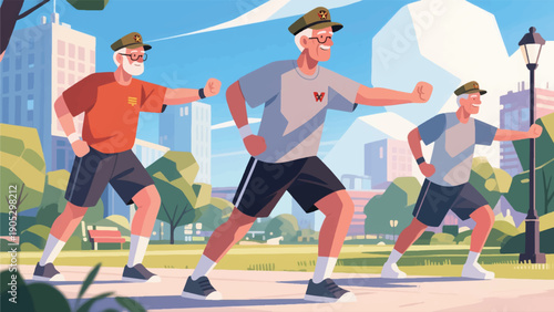 Illustration Of Veterans Doing Light Morning Exercises In A City Park, A Healthy And Positive Atmosphere Vector Design Template