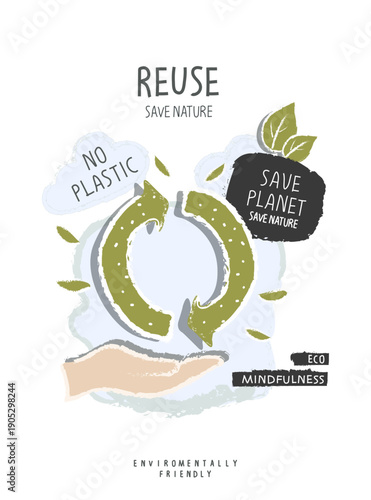 Vector hand drawn cartoon sketch of reduce in the speach bubble. Environmentally friendly planet concept.Sustainable lifestyle. Zero waste Concept.