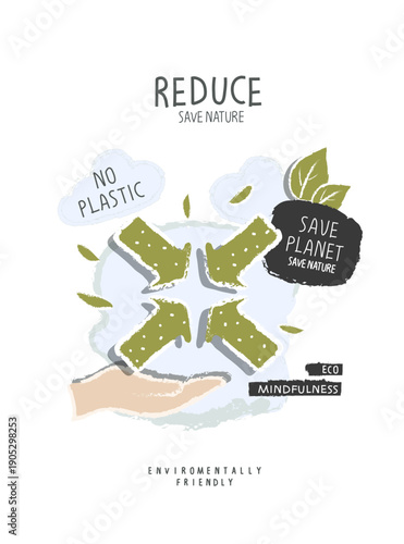 Vector hand drawn cartoon sketch of reduce in the speach bubble. Environmentally friendly planet concept.Sustainable lifestyle. Zero waste Concept.
