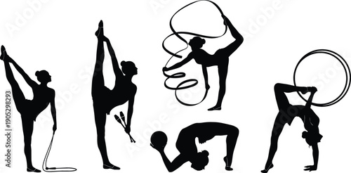 Elegant black silhouette set of rhythmic gymnasts with hoop ribbon ball clubs and rope for athletic branding