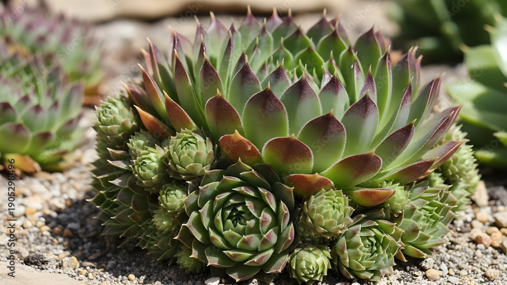 Obraz premium Lush hens-and-chicks sempervivum cluster spreading across sandy soil, main rosette framed by many offsets in spiraling layers of green leaves with burgundy tips, thriving in bright sun as a resilient 