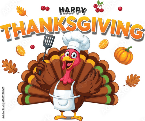 Happy Thanksgiving greeting with cheerful turkey chef wearing hat and apron holding spatula with autumn leaves and pumpkins