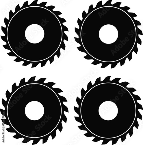 Circular saw blade icons arranged in grid, vector illustration for mechanical tools, engineering, manufacturing, cutting equipment, industrial design concepts