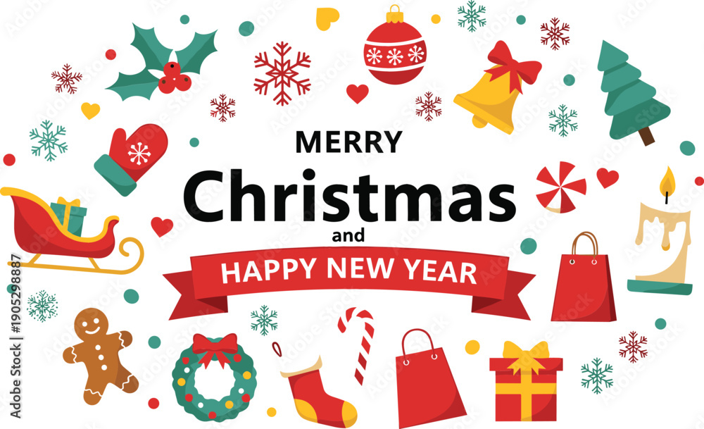 Obraz premium Merry Christmas and Happy New Year greeting banner with festive icons sleigh gingerbread man wreath and holiday gifts