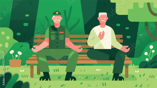 Illustration Of A Veteran Doing Light Meditation In The Park, Sitting On A Wooden Bench, Green And Calm Atmosphere Vector Design Template