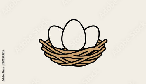 A simple, clean graphic illustration of three white eggs nestled comfortably within a small, woven bird's nest on a plain, neutral background, symbolizing new beginnings and potential