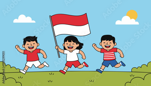 Children celebrating with the flag of Indonesia, showing national pride and unity on a sunny day