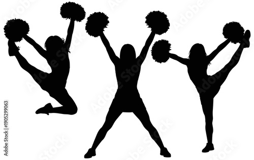 Cheerleading silhouettes with pom-poms, energetic dance and sports illustration set symbolizing teamwork, spirit, performance, and athletic coordination