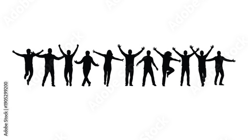 Silhouettes of people jumping and celebrating in a line against a white background Vector