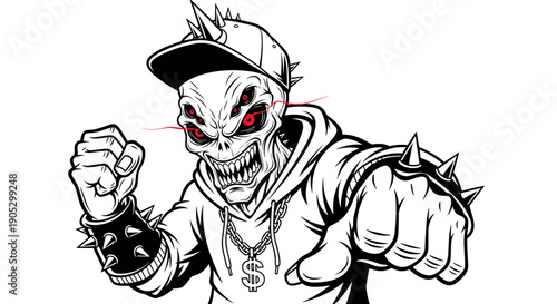Aggressive Skull Character with Spikes and Chain.
